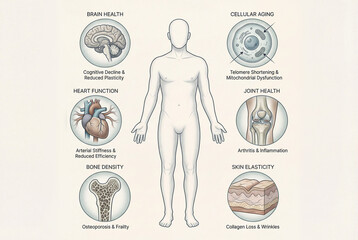 Human body aging process infographic showing effects on brain, heart, bones, and skin health