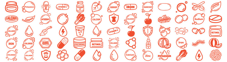 Flat design vitamin and skincare icon set close up grid of orange line art pills bottles capsules ingredient badges, minimal view