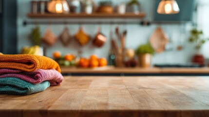 Colorful Towels On Wooden Kitchen Counter With A Cozy Bright Kitchen In The Background