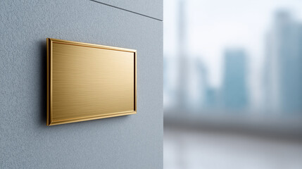 Blank gold metal nameplate mockup presenting corporate business identity on a textured wall, offering space for custom logo and text, with a blurred modern city skyline, copy space