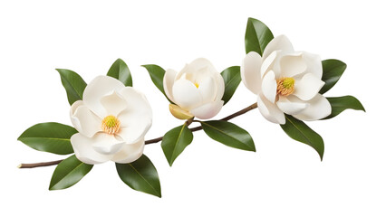 Three white magnolia flowers isolated on transparent background