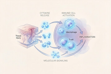 Immune system activation diagram showing cytokine release storm and inflammatory signaling pathway