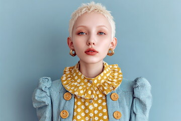 Model poses with blonde short hair in blue outfit against light blue background during studio shoot