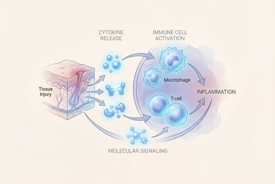 Immune system activation diagram showing cytokine release storm and inflammatory signaling pathway