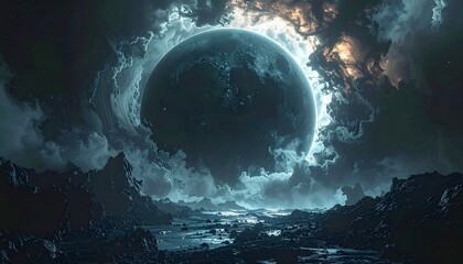 Mysterious Planet Emerging from Dark Cloudy Atmosphere.