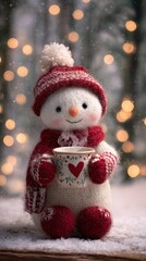Cute Snowman With Cozy Red Scarf And Hat Holding Cup In Snowy Winter Scene With Warm Christmas Lights