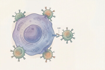 CAR T-cell therapy mechanism illustration showing immunotherapy attacking a tumor cell