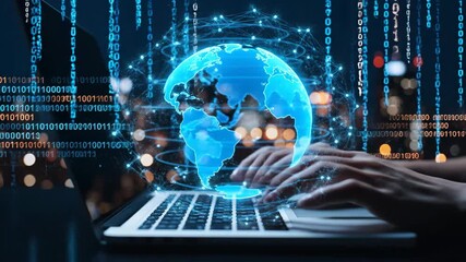Close-up of a laptop with a glowing blue globe hologram and binary code overlay on the keyboard in a dark room showcasing modern technology. - Powered by Adobe
