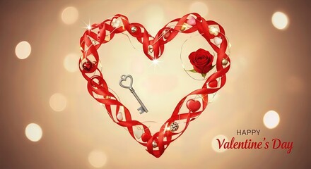A happy Valentine's Day theme with a romantic heart shape made of red ribbon, adorned with tiny hearts and lights, featuring a classic key and a single red rose, set against a warm bokeh background.