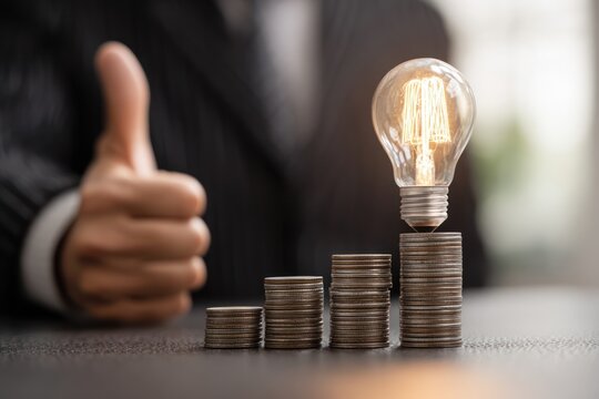 Progress and Innovation: Lightbulb Idea On Stacks Of Coins With A Thumbs Up Signaling Growth And Financial Success