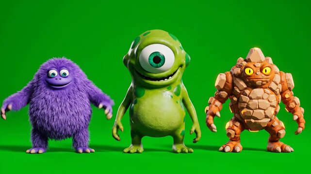 Three animated cartoon monsters dancing on a green screen