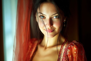 Woman with blue eyes in a red outfit smiling inside a building during the day
