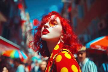 Woman with red hair and sunglasses enjoys a sunny day in a busy market with umbrellas and people in the background
