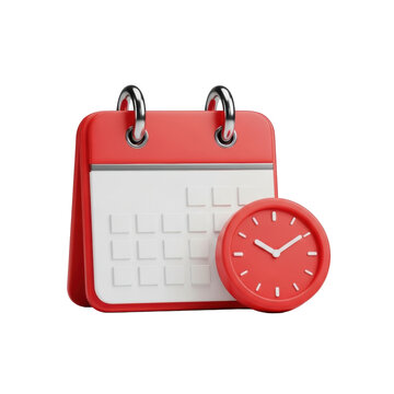 Photorealistic 3d minimalist icons: a vibrant matte red calendar with silver rings and a matching clock, featuring crisp white details, on a solid transparent background, bathed in even studio light.