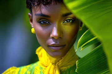 Portrait of a woman with natural beauty in a green setting, showcasing bright clothing and vivid plant life in soft lighting