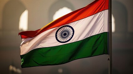 Indian Republic flag, national symbol, Ashoka Chakra emblem waving. Celebrate Indian national day with pride. National symbol, patriotism, freedom.