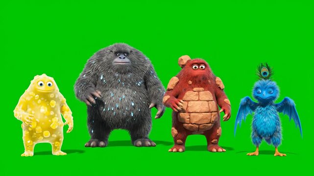 Four Animated Characters Dancing on Green Screen