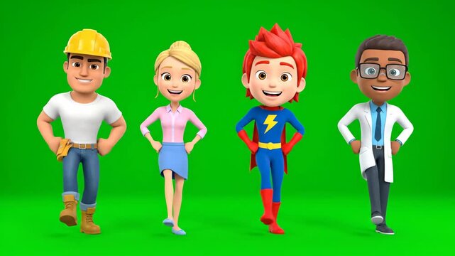 Cartoon characters with different professions in animated stance