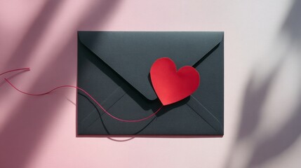 Romantic Valentine Letter With Black Envelope and Red Heart Card on Soft Pink Background