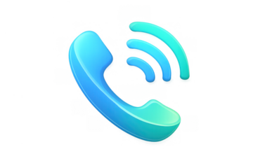 Glossy 3d blue and turquoise phone handset icon with communication signal waves on transparent background