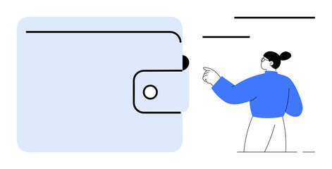 Digital payments, personal finance, online shopping, fintech, e-wallet security, money transfer. Minimalistic wallet graphic with person pointing at elements. Digital payments and personal finance