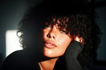 Young woman with curly hair posing in natural light in a room during the afternoon