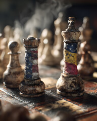Chess pieces with flags on a wooden board
