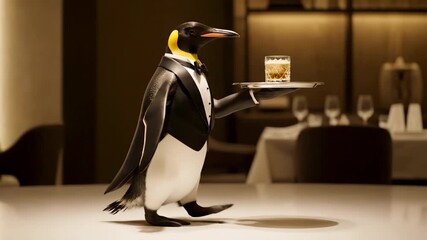 An elegant emperor penguin in a formal tuxedo serves a drink on a silver tray in a luxurious restaurant