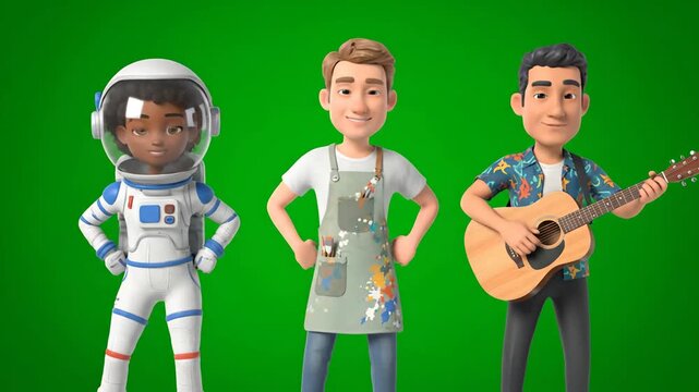 Animated characters representing different professions on a green screen background