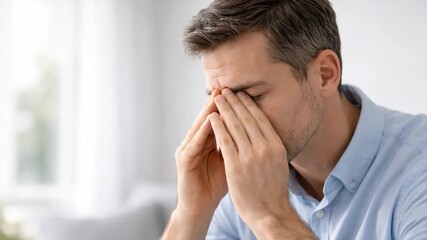 Man with headache pressing hands to face at home in daylight. Realistic lifestyle photo. Concept of glaucoma symptoms, eye pressure, stress, pain and medical consultation awareness