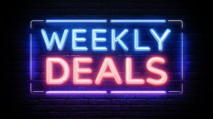 Obraz premium A neon sign mounted on a brick wall displays the words 'WEEKLY DEALS' in a bold and eye-catching manner, perfect for grabbing the attention of potential customers.