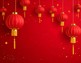 Red Chinese Lanterns Hanging on Red Background.