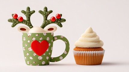 Reindeer mug and cupcake for festive celebration on white background