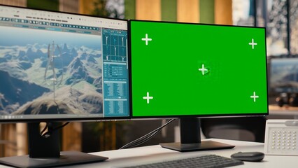 Wind turbine simulation on green screen mockup PC in RD office. CAD program interface on chroma key computer supporting renewable energy engineering and sustainable technology innovation