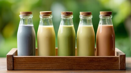 A serene outdoor setting featuring a wooden tray with five glass bottles of different colored smoothies, set against a blurry green background, evoking a sense of natural wellness and healthy living.