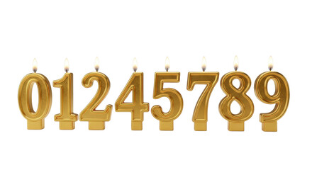 ten golden metallic numerical candles (0-9) with flickering flames on a transparent surface, clean studio shot with ample copy space. Concept of milestone achievement