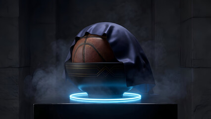 A basketball with a cloth cover on a pedestal with blue neon light and smoke effect in a dark room with a futuristic ambiance for sports and technology concept
