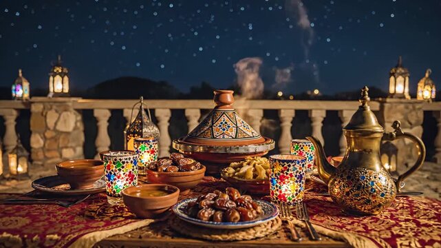 This beautifully arranged traditional dinner setting, featuring a steaming tagine and dates under a starry night sky, perfectly captures the celebratory spirit of ramadan iftar and the joyous.