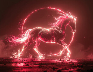 Glowing Neon Horse Running in Dark.