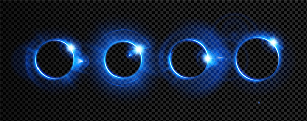 Blue halo black background light magic and eclipse neon circular. Star border technology with hologram halo art and galaxy round flare. Luminous electric halo with transparent futuristic blue. © RDVector