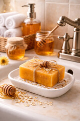 A honey scented soap on a bathroom sink