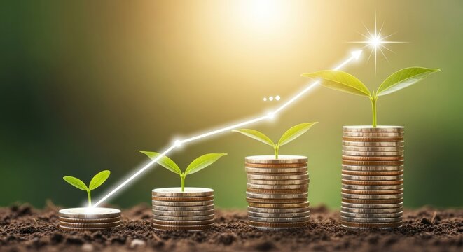 The concept of financial growth is illustrated by seedling sprouts growing from stacked coins on soil.