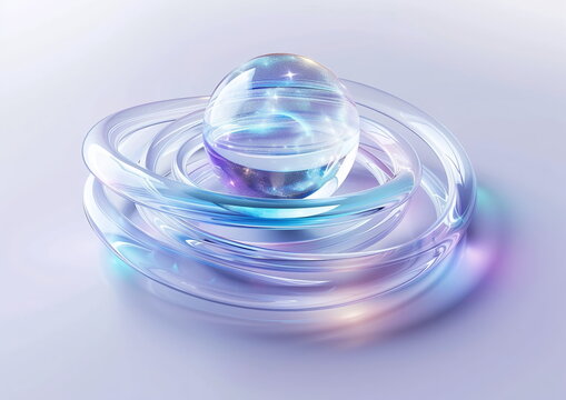 3d rendering of abstract futuristic holographic elements on white background. Abstract shapes with glass and metal wires, transparent sphere ball in the center, light blue and purple colors - Powered by Adobe