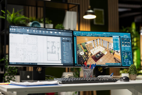 Modern architecture workspace featuring dual monitors with 3D rendering software and floor plan layouts on screen. Interior design, drafting and engineering focused on creativity and innovation.