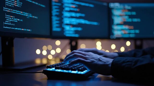 Close up of person typing code on illuminated keyboard with three monitors in background, displaying code in dark room with bokeh lights.