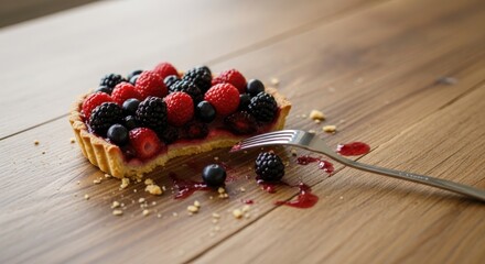 A freshly baked mixed berry tart, partially eaten, with a silver fork resting beside it