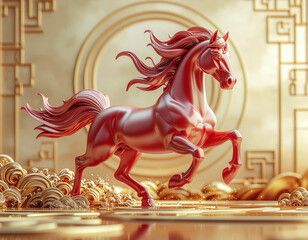 Red Horse Running in Traditional Chinese Style.