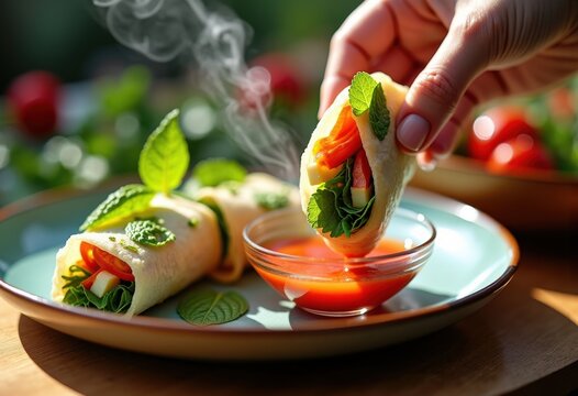 Succulent Spring Rolls Wrapped Tight Unyielding Chili Dip Dynamic Plate Flora Aroma Visual