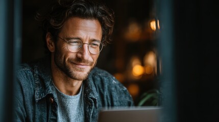 Freelancer working on laptop in a cozy environment during evening hours