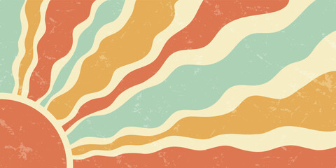 Groovy retro sun burst and orange ray wave pattern in horizontal grunge style. Yellow sunshine background with y2k graphic brings bold burst and sun energy to stylish art decor.